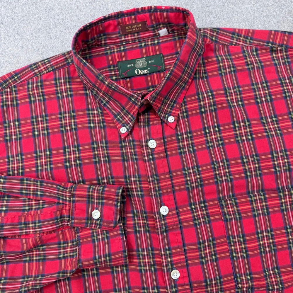 Vintage 80s Orvis Broadcloth Shirt Mens XL Red Plaid Christmas Made In USA *FLAW